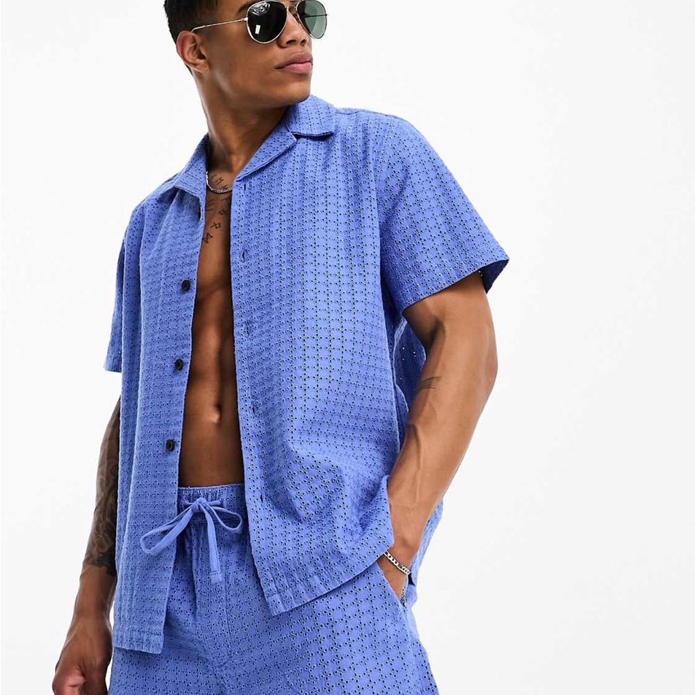 ASOS DESIGN Casual Men’s Blue Button Down Short Sleeve Shirt